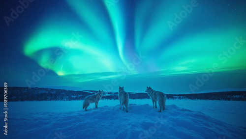White wolves on ice under the northern lights