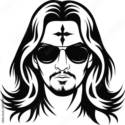 Stylish man with long hair and sunglasses shows a cross on his forehead