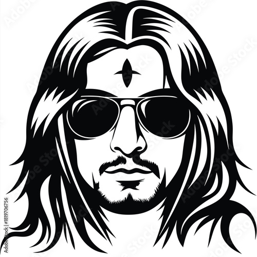 Silhouette depicts an Asian man with long hair and sunglasses, showcasing stark blackandwhite contrast