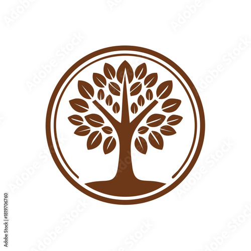 A stylized brown tree illustration enclosed in a perfect circular frame representing nature and growth.