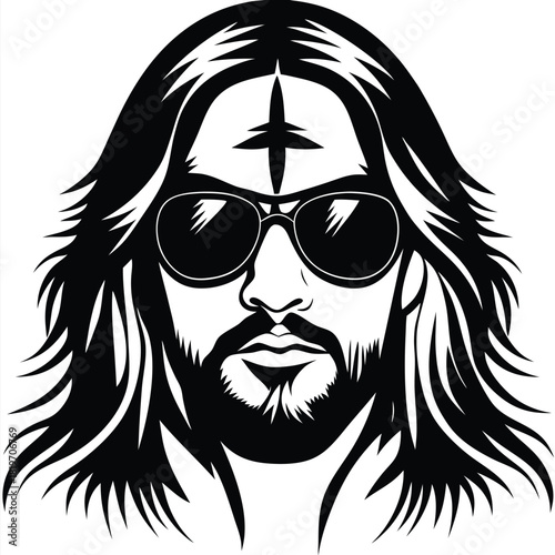 portrait shows an Asian man with a beard and long hair wearing sunglasses