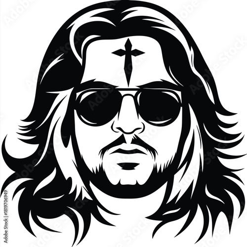 Monochrome drawing showcases a man's face with sunglasses, long hair, beard, and cross