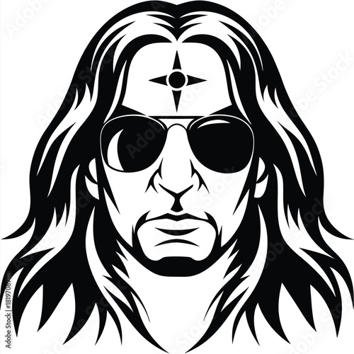 shows a caucasian man with sunglasses and long flowing hair