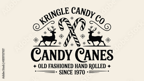Vintage kringle candy co candy canes silhouette featuring two reindeer and the text old fashioned hand rolled since 1970 silhouette