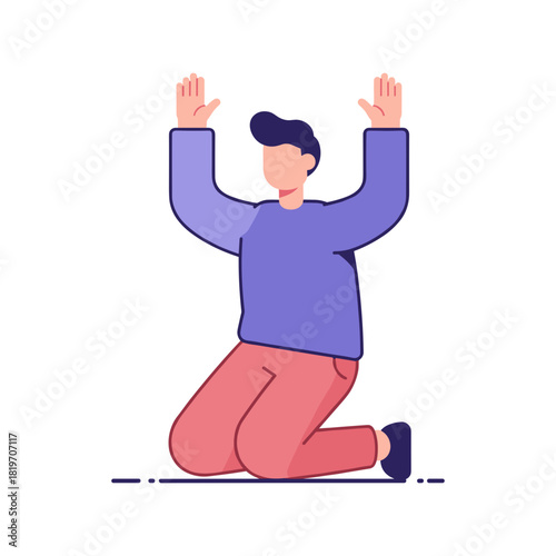 Person kneeling with hands raised in blue sweater and red pants for surrender and prayer