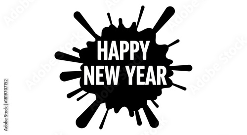 Happy New Year text on a black ink blot with splatters.