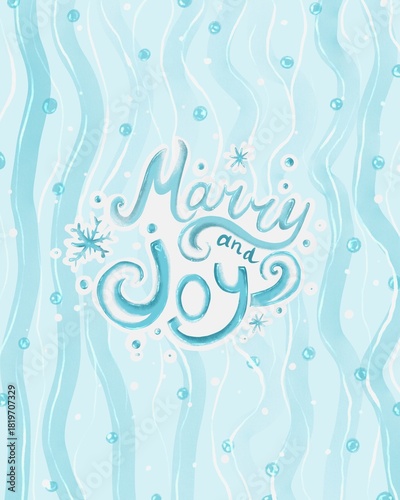 Cute greeting card design for Christmas in pastel blue tones with lettering Merry and Joy