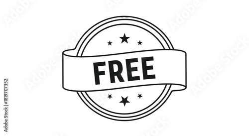Black and white line art icon of a circular seal with a ribbon banner that says FREE.