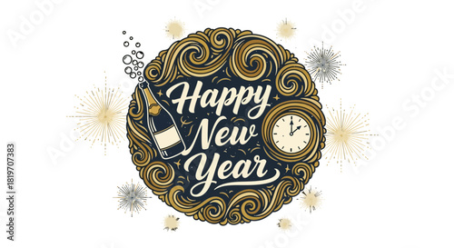 A circular graphic design celebrating the New Year with a champagne bottle, clock, and swirling ornate patterns.