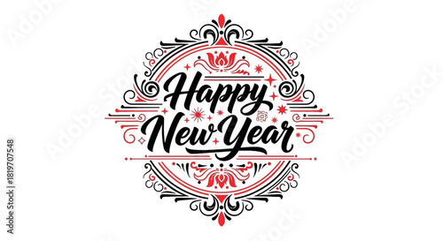 Ornate decorative text design wishing a Happy New Year with intricate patterns and a red and black color scheme.