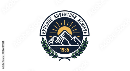 A vintage outdoor adventure emblem featuring mountains, a rising sun, and a laurel wreath with text 'EXPLORE ADVENTURE ACHIEVE' and the year 1985.