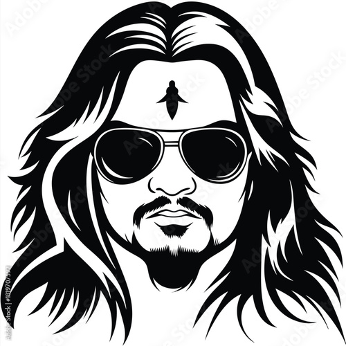 Person with long hair and sunglasses has a tilak on their forehead