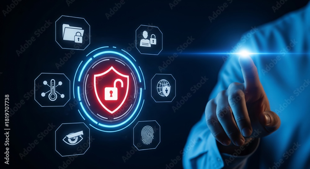 Fototapeta premium Cybersecurity Interface with Unlocked Shield and Digital Protection Icons