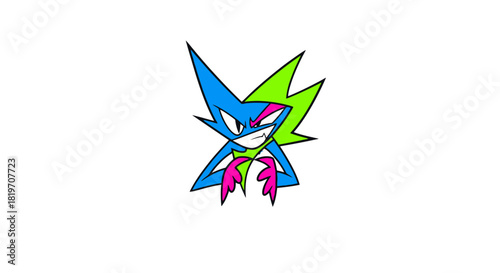 A mischievous spiky cartoon character in bright neon blue, green, and pink colors on a white background.