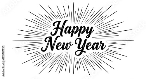 Happy New Year text with radiating lines in a retro burst design.