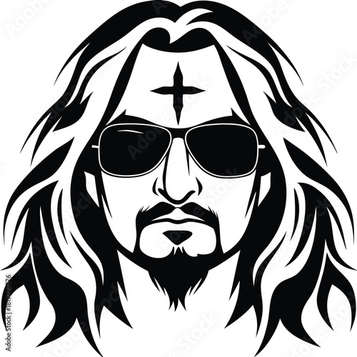 Monochrome man with long hair and sunglasses shows off cross forehead tattoo