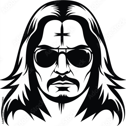 The longhaired man with sunglasses and a cross on his forehead looks forward