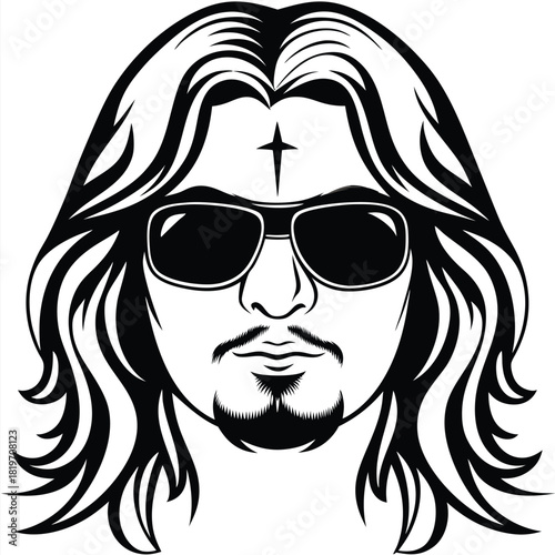Stylish man sports sunglasses, a goatee, and long flowing hair, highlighted by a cross design