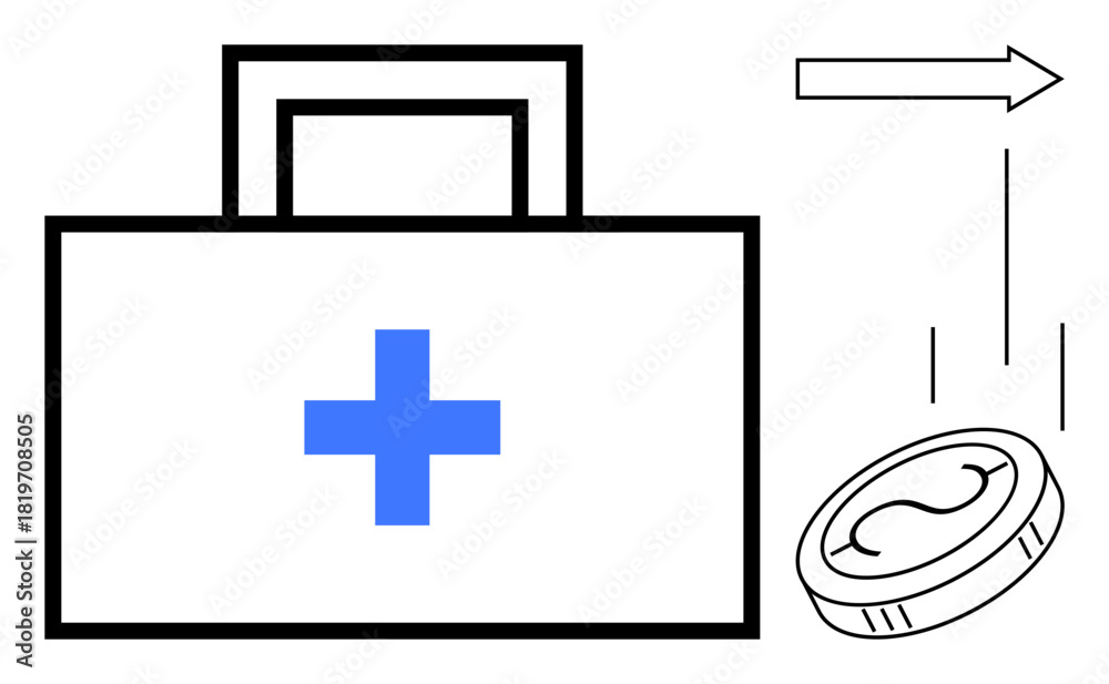 Obraz premium First aid kit with blue cross, falling coin, and arrow indicating monetary direction. Ideal for healthcare financing, medical costs, insurance, investment, savings financial aid economy. Simple