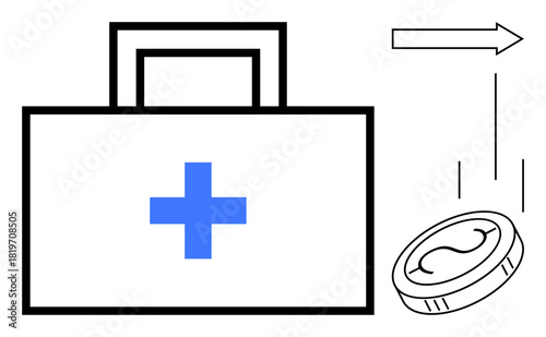 First aid kit with blue cross, falling coin, and arrow indicating monetary direction. Ideal for healthcare financing, medical costs, insurance, investment, savings financial aid economy. Simple