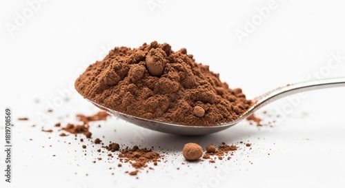 Cocoa powder on spoon with scattered particles on white background