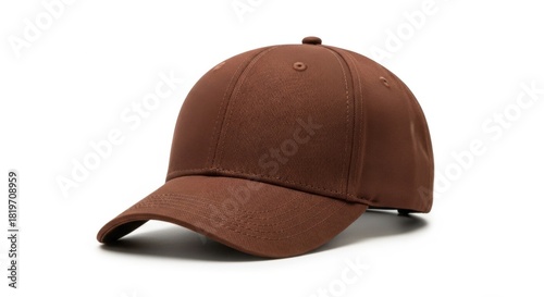 Rich brown baseball cap front view with embroidered logo area blank, crisp fabric texture visible, isolated on pure white seamless background