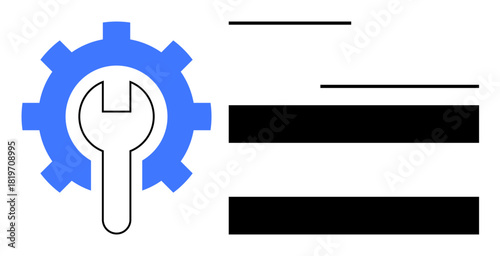 Blue gear with central white wrench beside abstract horizontal text lines. Ideal for engineering, maintenance, repair, technical support, configuration, process optimization, and systems management