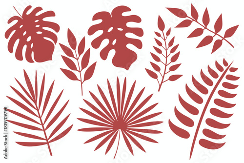 Seven maroon botanical plant elements are scattered across the bright white isolated background