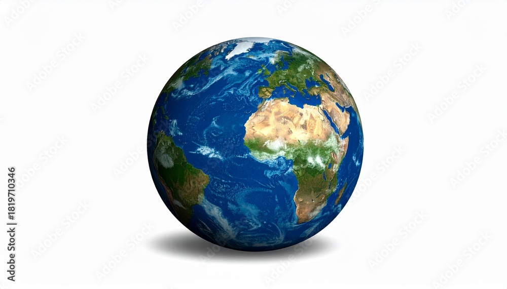 Fototapeta premium Digitally rendered Earth centered on Africa with realistic oceans and clouds, floating above white background.