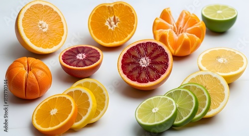 Fototapeta Naklejka Na Ścianę i Meble -  Assorted citrus fruits cut in half on a white surface in bright light