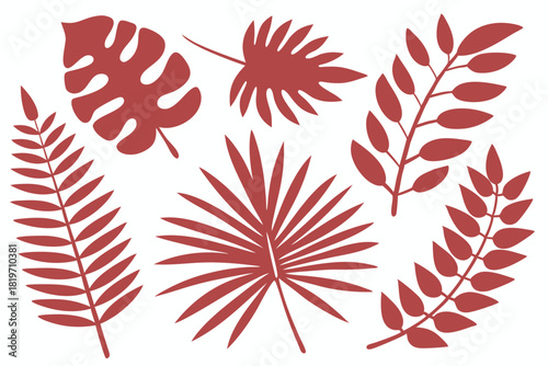 Various exotic leaves are displayed in terracotta, creating a simple yet impactful botanical arrangement