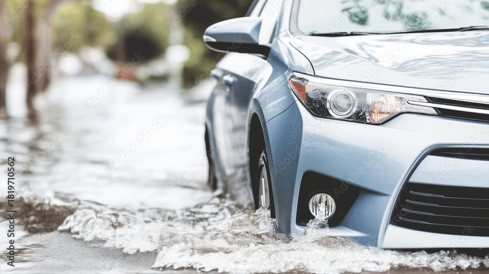 Obraz premium Light blue car moving through deep floodwater in a neighborhood, highlighting the impact of extreme weather and climate change