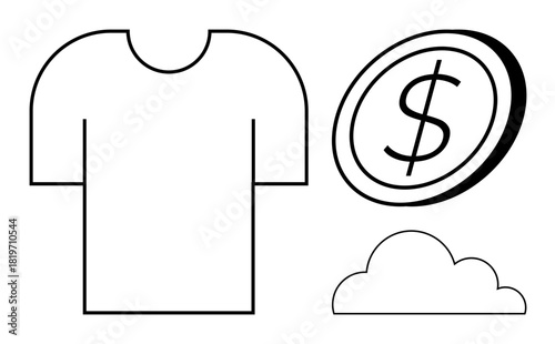 Simple T-shirt outline, large dollar coin with monetary sign, and soft cloud shape. Ideal for finance, e-commerce, clothing industry, digital design, branding online shopping business. Minimal