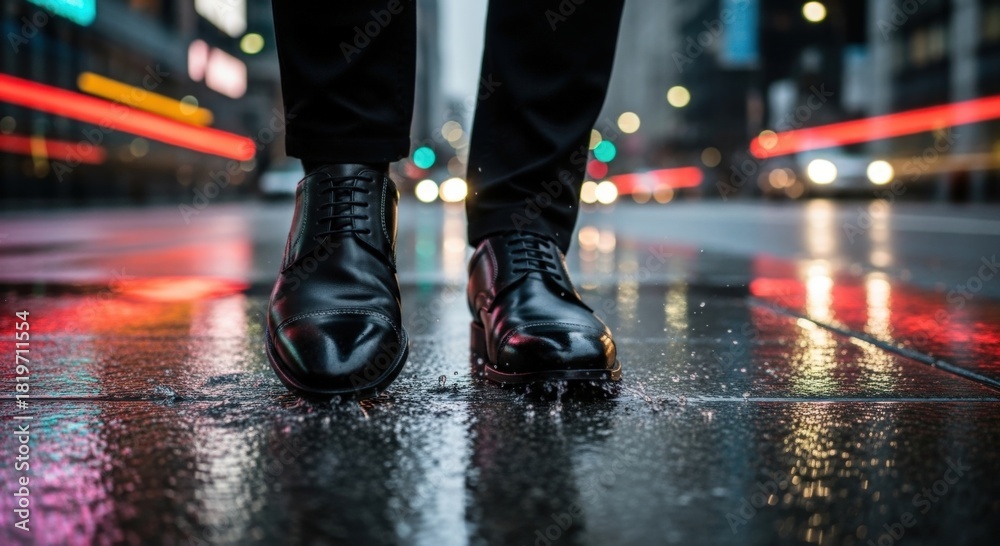 Fototapeta premium Person's feet in sleek black leather shoes mid-step on wet urban city sidewalk, rain droplets splashing, blurred city traffic and neon reflections, dynamic street movement