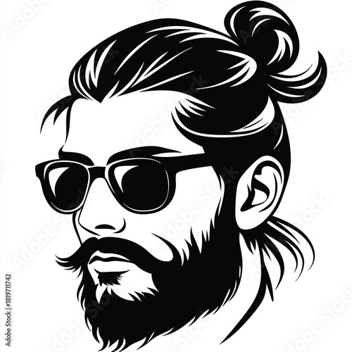 Stylish man with a bun and sunglasses sports a striking beard and mustache