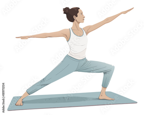 vector of a calm yoga teacher demonstrating Warrior II pose on mat with minimal props, white background
