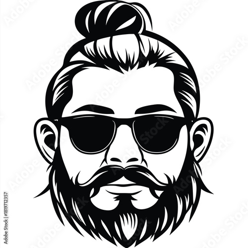 Stylish man with beard and sunglasses has a bun haircut in monochrome