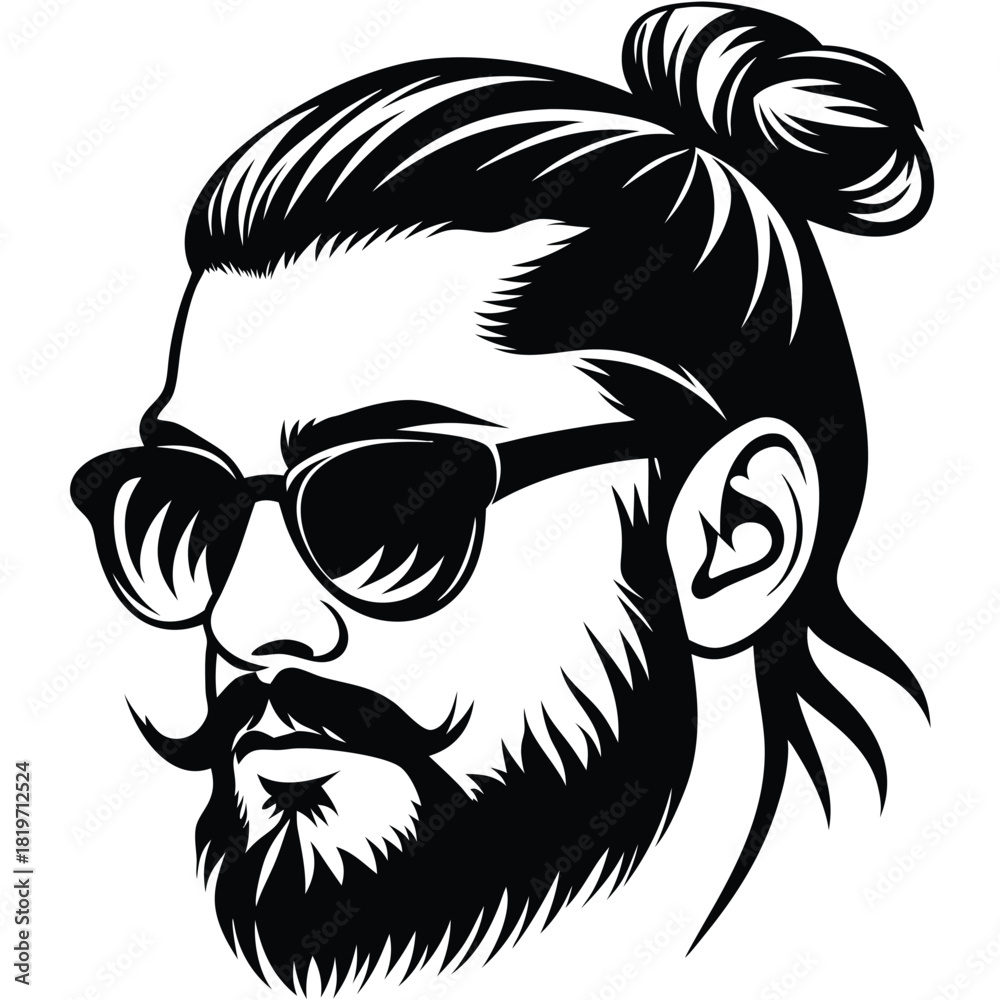 Fototapeta premium Stylish man art features sunglasses, beard, and a modern top knot hairstyle