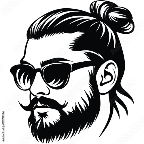 Stylish man art features sunglasses, beard, and a modern top knot hairstyle
