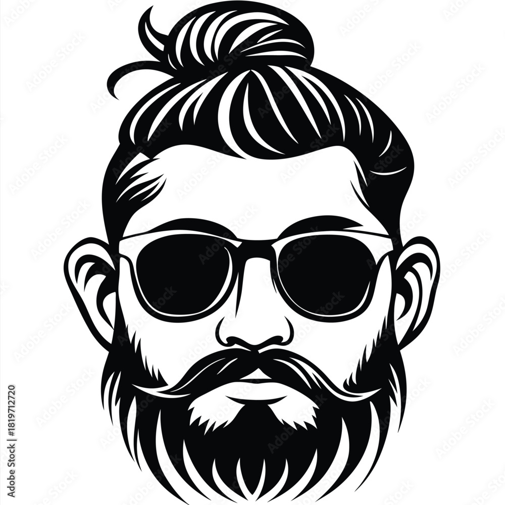 Fototapeta premium Stylish man with bun, sunglasses, and beard exudes a modern urban vibe
