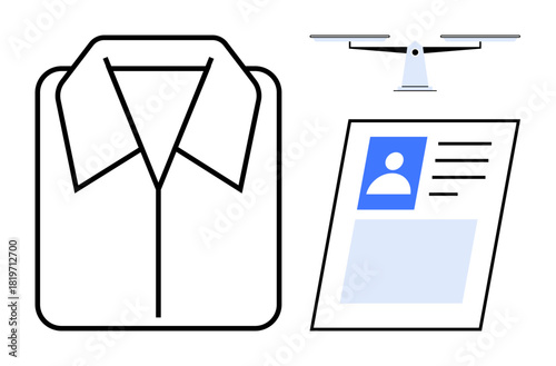 Identification system. Elements include a shirt outline, ID card with photo and details, and a modern quadcopter symbol. Identification for personnel systems, smart access, automation, technology