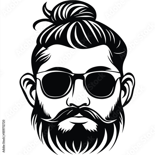 Stylish man with bun, sunglasses, and beard exudes a modern urban vibe