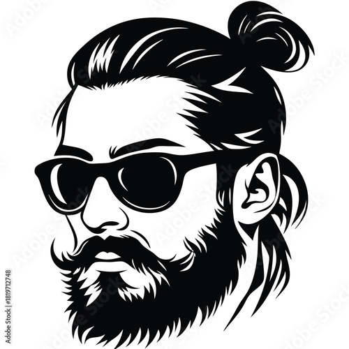 Trendy bearded man with sunglasses shows off his stylish top knot hairstyle in black
