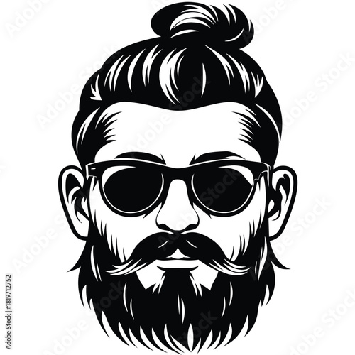 Man with top knot hairstyle and mustache is wearing sunglasses in black