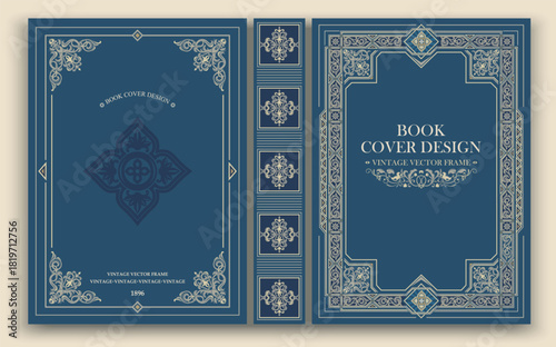 Elegant vector vintage book cover with refined light-gold ornaments on a muted navy palette. Classic Victorian-inspired frame design emphasizing antique charm and timeless sophistication.