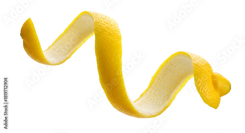 Curled yellow lemon peel, fresh and vibrant, isolated on transparent background