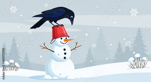 Black bird sitting on red bucket atop snowman in winter scene  