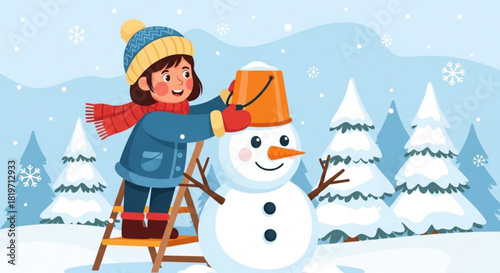 Young girl building snowman outdoors in winter landscape, concept of New Year, Christmas  