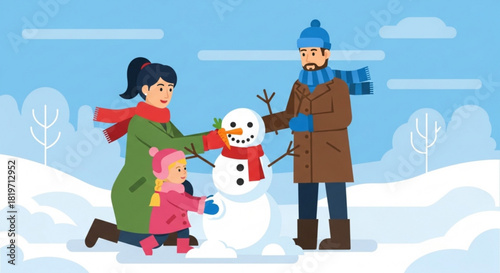 Family building a snowman together in winter landscape for New Year, Christmas  
