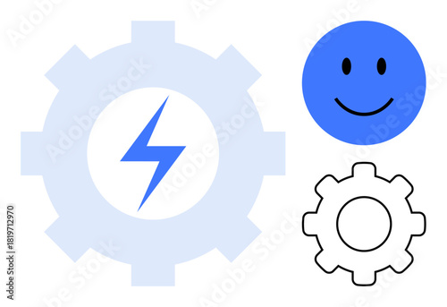 Gear symbol. Blue gear icon with a lightning bolt s energy and innovation. Gear outline and smiling face convey creativity and efficiency. For energy, technology, teamwork, business development